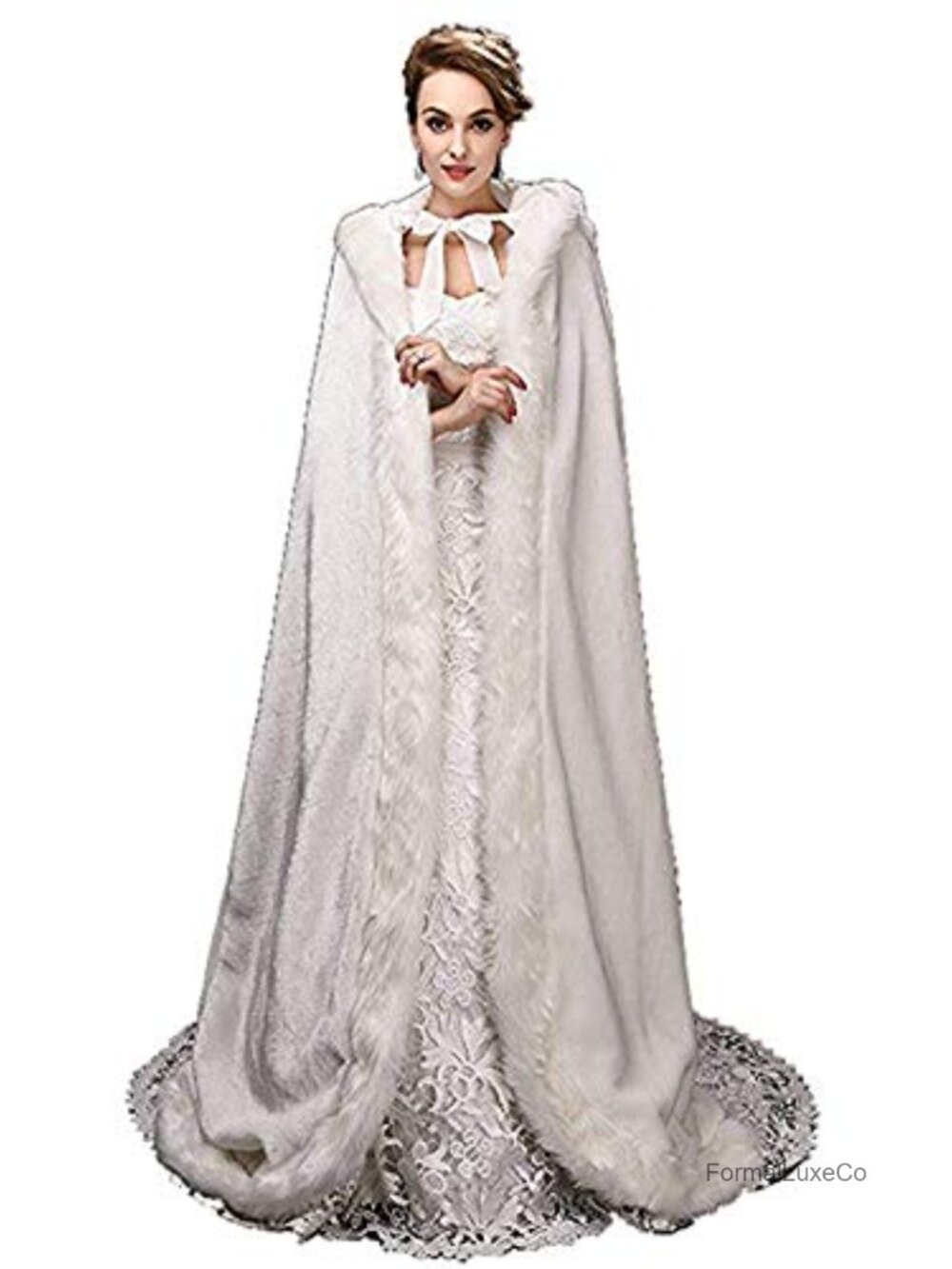 Velvet Faux Fur Hooded Wedding Cloak Long Cape Bridal Wrap Winter Coat